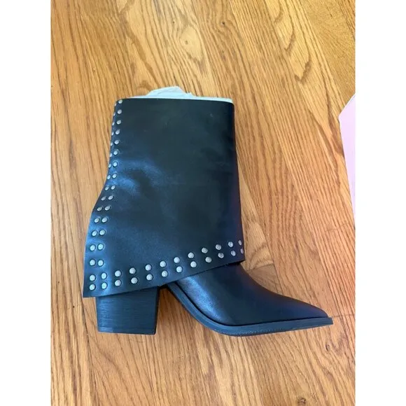 Lisa Vicky Leather Boots Calf Black Studded Pointed Toe Block Heel Size 8