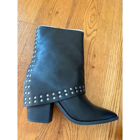 Lisa Vicky Leather Boots Calf Black Studded Pointed Toe Block Heel Size 8