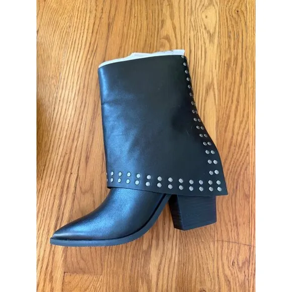 Lisa Vicky Leather Boots Calf Black Studded Pointed Toe Block Heel Size 8