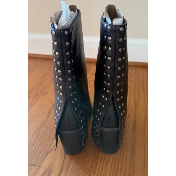 Lisa Vicky Leather Boots Calf Black Studded Pointed Toe Block Heel Size 8