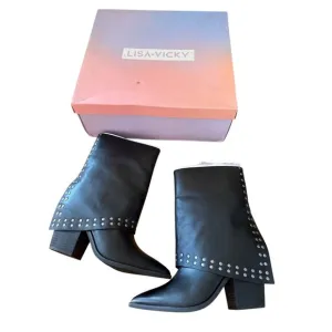 Lisa Vicky Leather Boots Calf Black Studded Pointed Toe Block Heel Size 8