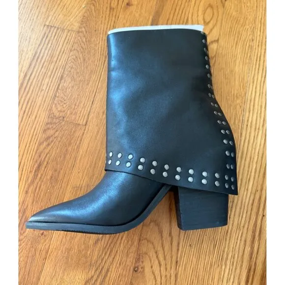 Lisa Vicky Leather Boots Calf Black Studded Pointed Toe Block Heel Size 8