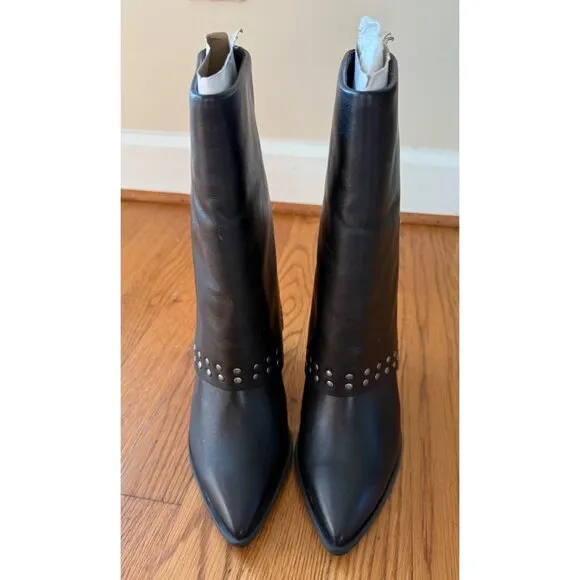 Lisa Vicky Leather Boots Calf Black Studded Pointed Toe Block Heel Size 8