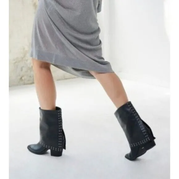 Lisa Vicky Leather Boots Calf Black Studded Pointed Toe Block Heel Size 8