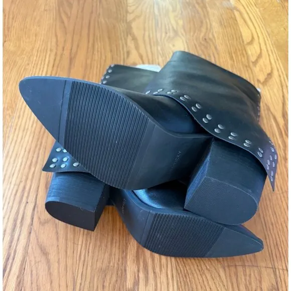 Lisa Vicky Leather Boots Calf Black Studded Pointed Toe Block Heel Size 8