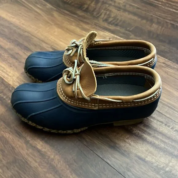 L.L. Bean Duck Boots Leather Rubber Moc Tan Blue Water Resistant USA Women's 9M