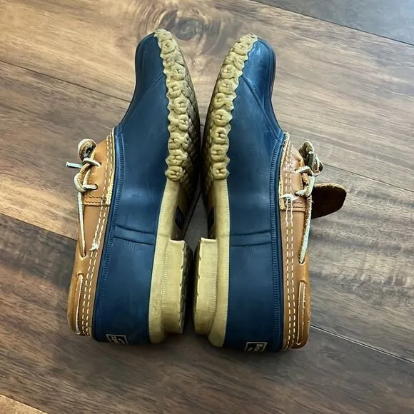 L.L. Bean Duck Boots Leather Rubber Moc Tan Blue Water Resistant USA Women's 9M