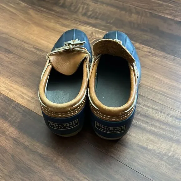 L.L. Bean Duck Boots Leather Rubber Moc Tan Blue Water Resistant USA Women's 9M