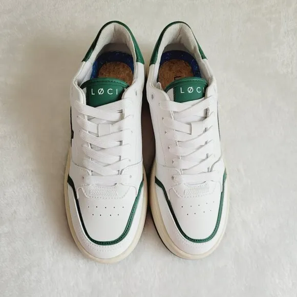LOCI | Neo Low Top Casual Sneaker With Cork and Foam Insole in White &amp; Green