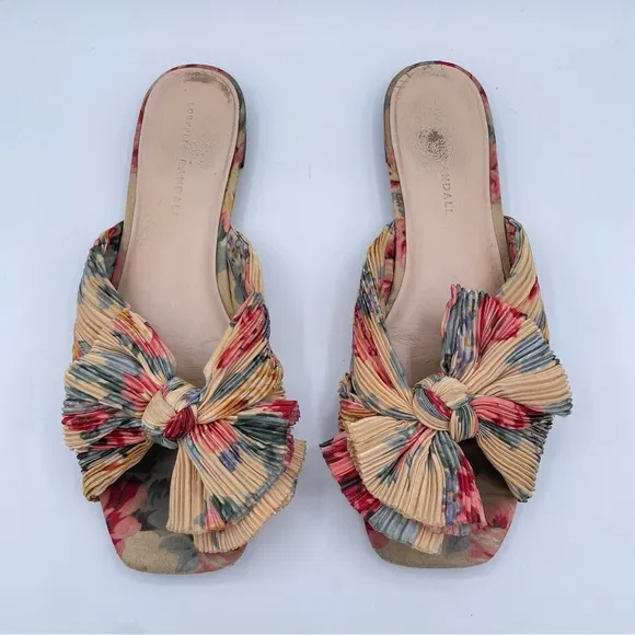 Loeffler Randall Daphne Pleated Knot Flat Sandals 9 Floral