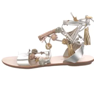 LOEFFLER RANDALL Saskia Flat Pompom Silver Lace-up Gladiator Sandals Size 8