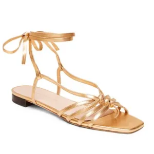 Lorelai Flat Ankle-Wrap Metallic Leather Sandals Sz 6 1/2