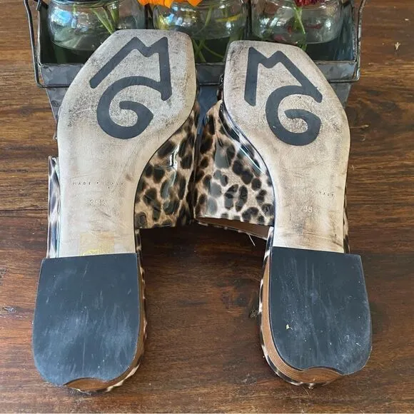 M Gemi Patent Leather Camel Leopard Print Slip-On Sandals Sz 8 (38.5) Italy EUC!