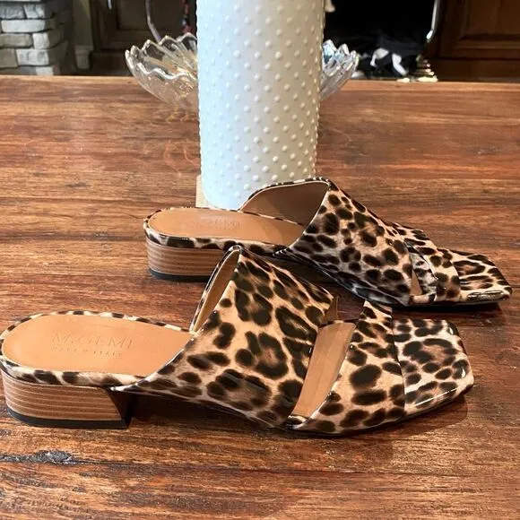 M Gemi Patent Leather Camel Leopard Print Slip-On Sandals Sz 8 (38.5) Italy EUC!