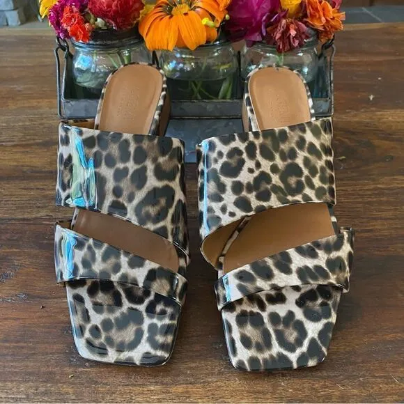 M Gemi Patent Leather Camel Leopard Print Slip-On Sandals Sz 8 (38.5) Italy EUC!