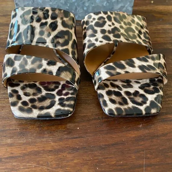 M Gemi Patent Leather Camel Leopard Print Slip-On Sandals Sz 8 (38.5) Italy EUC!