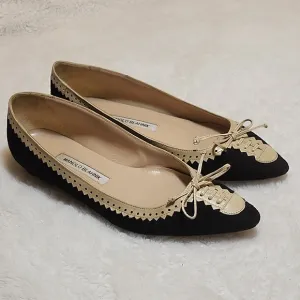 Manolo Blahnik Bow Tie Black and Cream Women's Flat Shoes  Size 38/ US 8