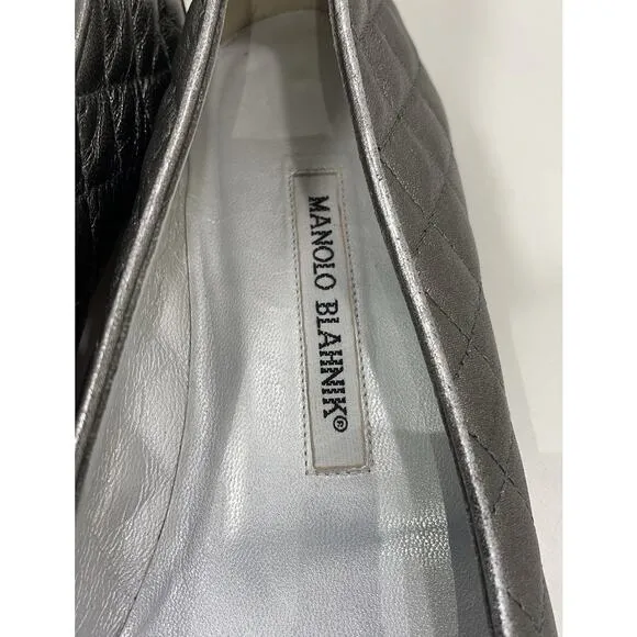 Manolo Blahnik Pewter Quilted Leather Flat Loafer Slip On Shoe EU 39.5 EUC