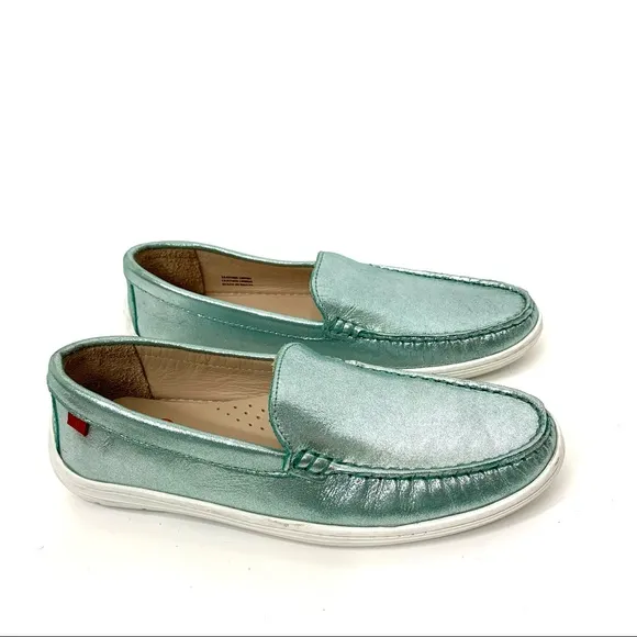 Marc Joseph NY Broadway Leather Turquoise Glimmer Slip On Loafer Shoes Big Girls
