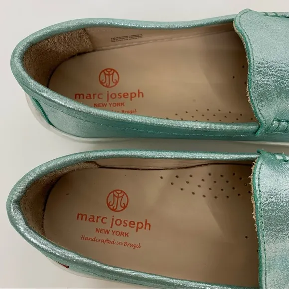 Marc Joseph NY Broadway Leather Turquoise Glimmer Slip On Loafer Shoes Big Girls