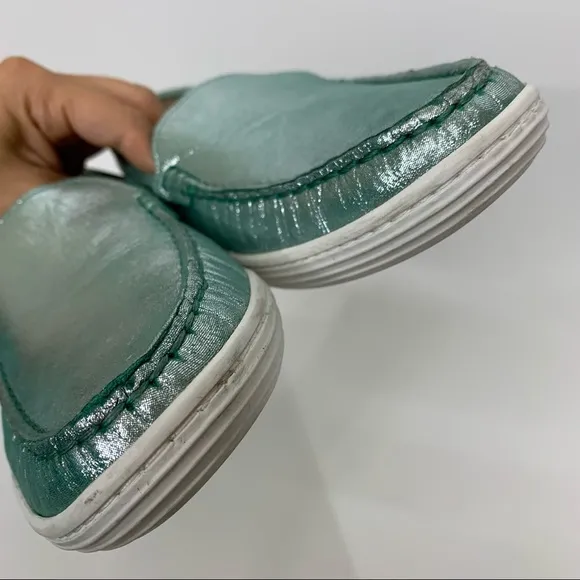 Marc Joseph NY Broadway Leather Turquoise Glimmer Slip On Loafer Shoes Big Girls