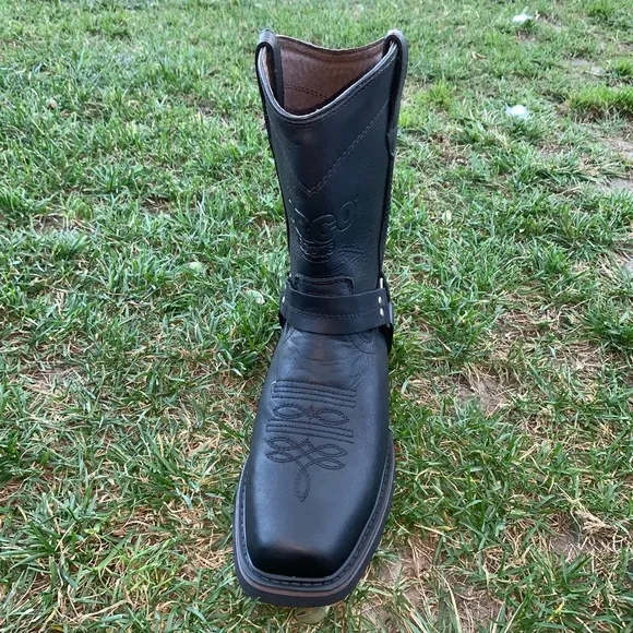 MEN'S BIKERS BOOTS GENUINE LEATHER BLACK Cowboy Western Black Bota con Arnés 807