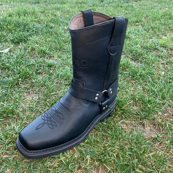 MEN'S BIKERS BOOTS GENUINE LEATHER BLACK Cowboy Western Black Bota con Arnés 807