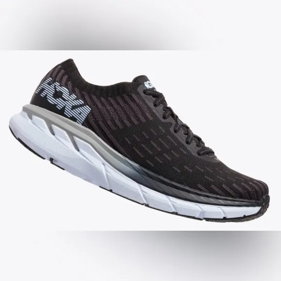 Men's HOKA Black Gray Clinton 5 Knit One One Running Athletic Shoes Size 10