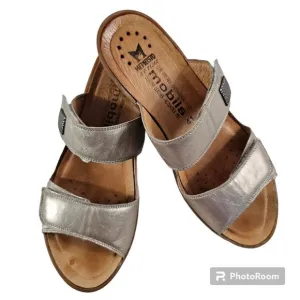 Mephisto Double Strap Gold Metallic Leather Sandals With Heels EU 41 / U…