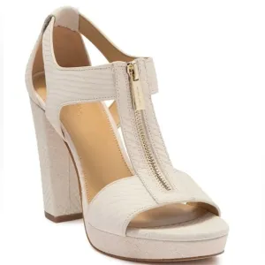 Michael Kors Berkley Embossed Cream Leather Platform Sandals Block Heel Size 9