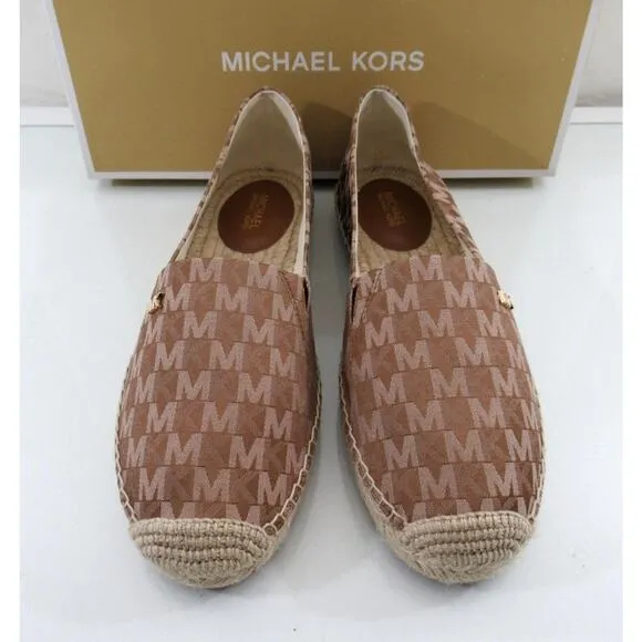Michael Kors Kendrick Slip On Espadrille Flat Shoes MK Logo Luggage Size 9