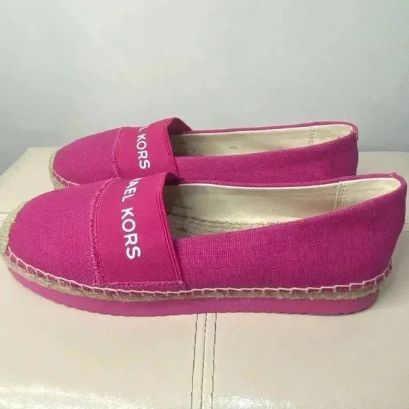 Michael Kors Vicky Espadrille Platform Flat Shoes Canvas MK Logo Denim S…