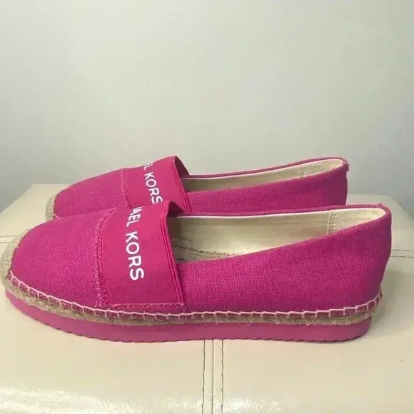 Michael Kors Vicky Espadrille Platform Flat Shoes Canvas MK Logo Denim S…