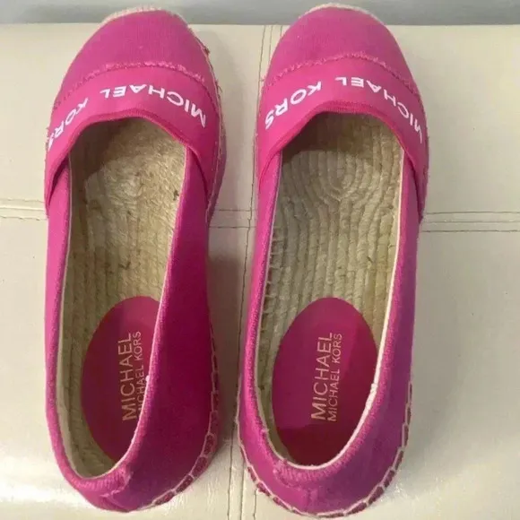 Michael Kors Vicky Espadrille Platform Flat Shoes Canvas MK Logo Denim S…