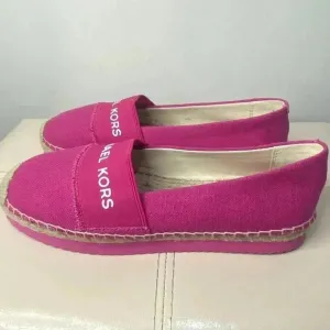 Michael Kors Vicky Espadrille Platform Flat Shoes Canvas MK Logo Denim S…