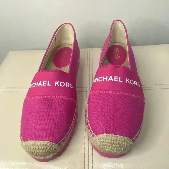 Michael Kors Vicky Espadrille Platform Flat Shoes Canvas MK Logo Denim S…