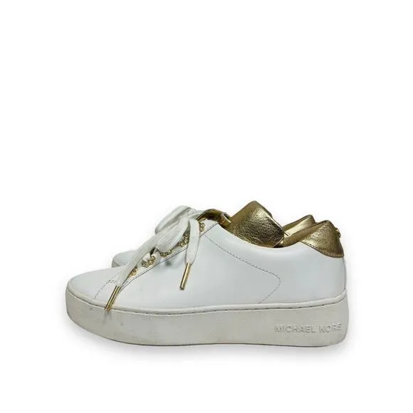 MICHAEL KORS White Gold Leather Irving Floral Accent Logo Lace Up Sneakers 6.5