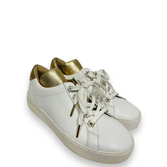 MICHAEL KORS White Gold Leather Irving Floral Accent Logo Lace Up Sneakers 6.5