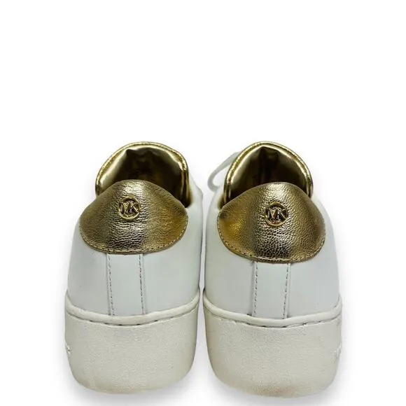 MICHAEL KORS White Gold Leather Irving Floral Accent Logo Lace Up Sneakers 6.5