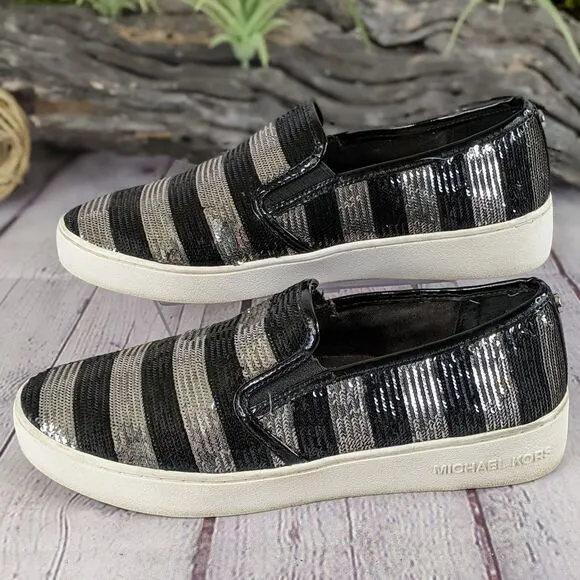 MICHAEL KORS Keaton Striped Sequin Slip-On, Black/Silvertone