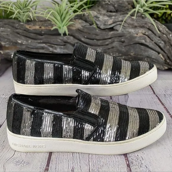MICHAEL KORS Keaton Striped Sequin Slip-On, Black/Silvertone