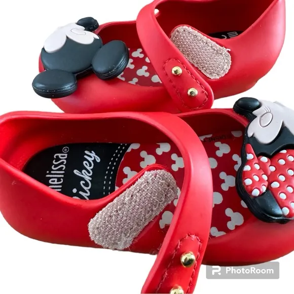 Mini Melissa Mary Jane Red Mickey &amp; Minnie Kissing Shoes Toddler Size 5