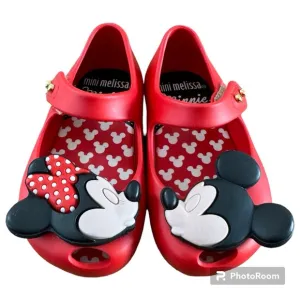 Mini Melissa Mary Jane Red Mickey &amp; Minnie Kissing Shoes Toddler Size 5