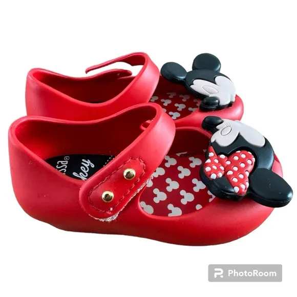 Mini Melissa Mary Jane Red Mickey &amp; Minnie Kissing Shoes Toddler Size 5