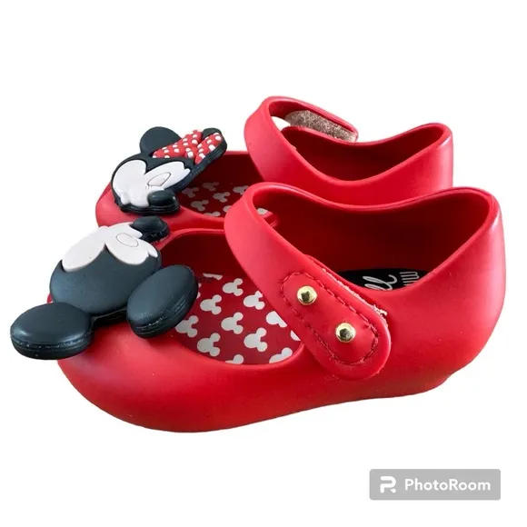 Mini Melissa Mary Jane Red Mickey &amp; Minnie Kissing Shoes Toddler Size 5