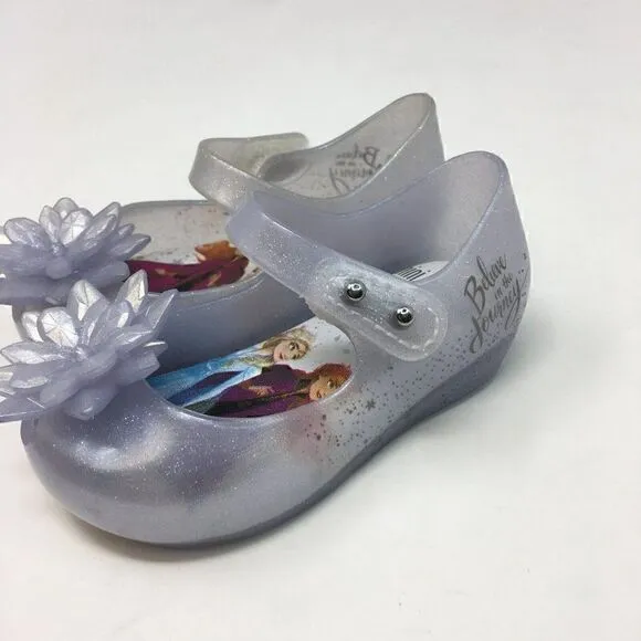 Mini Melissa Girls Shoe Blue Size 5 Toddler Mary Jane Frozen Flower Glitter Flat