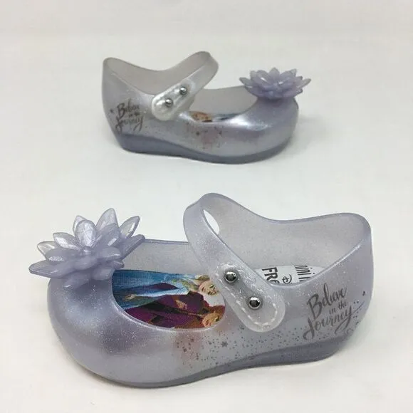 Mini Melissa Girls Shoe Blue Size 5 Toddler Mary Jane Frozen Flower Glitter Flat