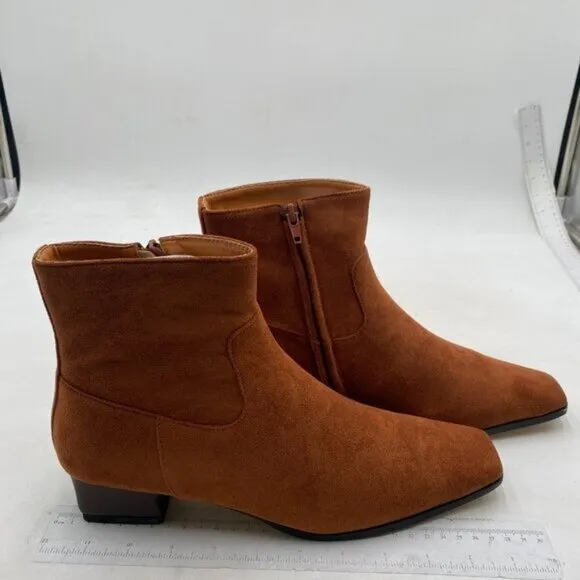 miss left Women's Square Closed Toe Low Chunky Heel Ankle Booties Flat Brown