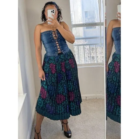 MISSONI Green Flared Floral Print Pleated Maxi Skirt Size M