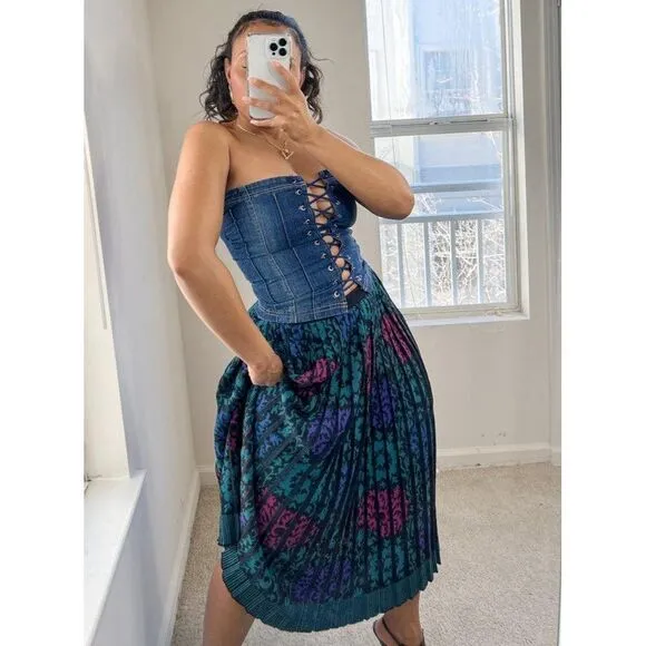 MISSONI Green Flared Floral Print Pleated Maxi Skirt Size M